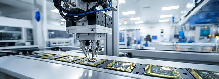 Automated machine assembling microchips on a conveyor belt
