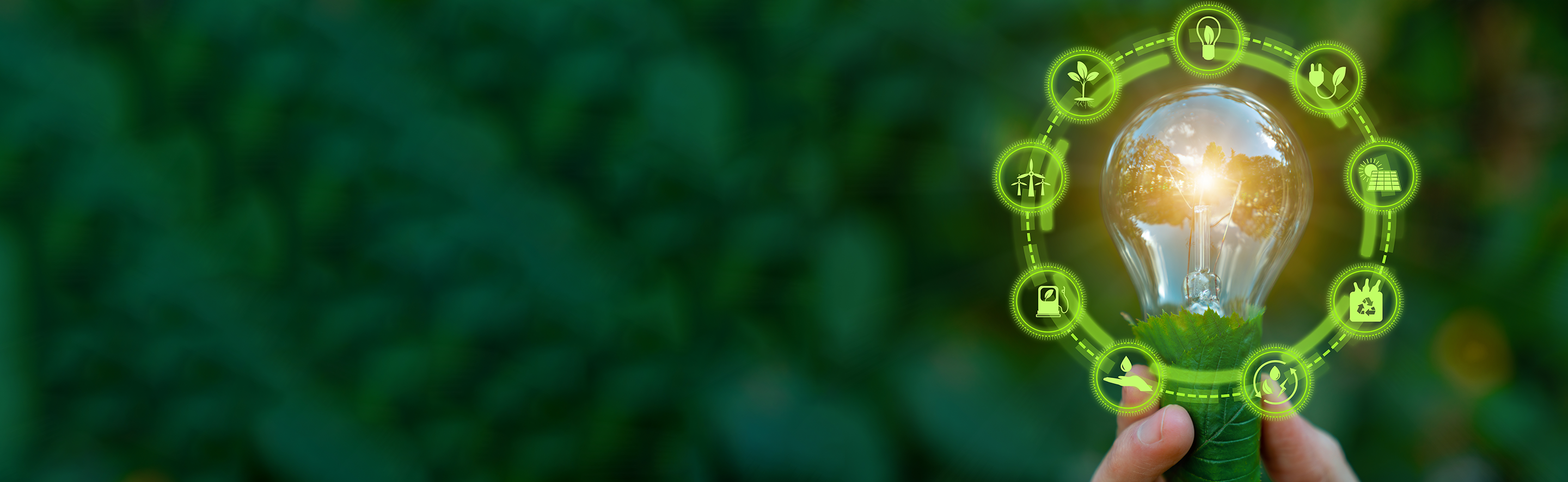 Connected green energy ecosystem representing smart grids, renewable power, energy management, and sustainable innovation.