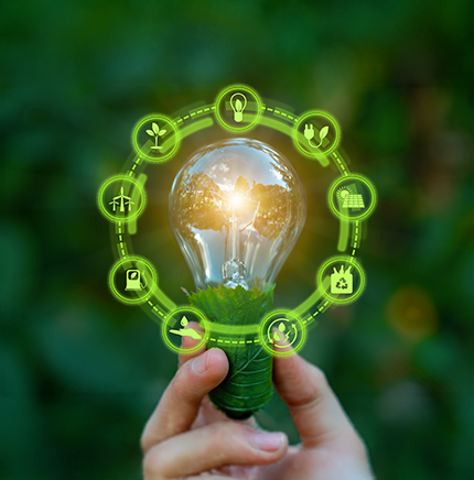 Connected green energy ecosystem representing smart grids, renewable power, energy management, and sustainable innovation.