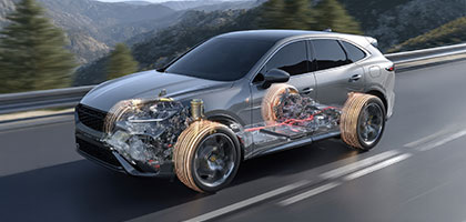 Digital automotive engineering visualization with a connected car model, real‑time performance data, and smart manufacturing systems supporting automotive services and solutions.