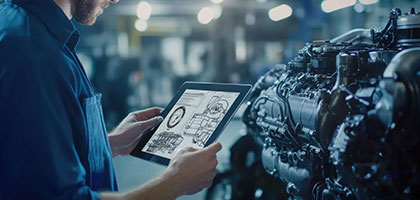 Engineer using a digital tablet to analyze automotive engine schematics for quantum inventory optimization in the automotive supply chain.