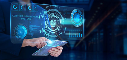 Person using a tablet with a futuristic digital interface displaying content management system dashboards and analytics.