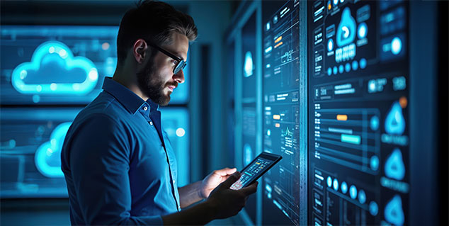 Futuristic data center with glowing servers and high-speed digital streams representing data processing and analytics.