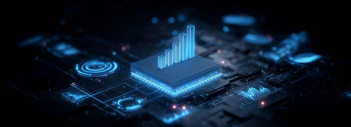 3D digital illustration of a glowing microchip with a rising bar graph symbolizing data analytics and performance growth.