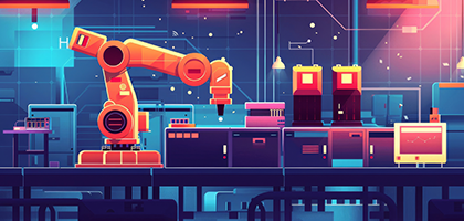 Automated robotic arm operating in a futuristic smart factory environment.