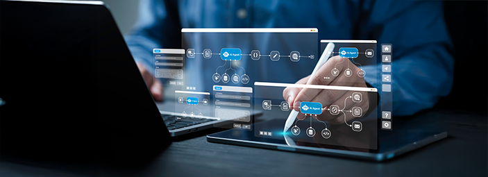 Engineer using digital workflow automation on tablet and laptop with AI-powered diagrams.