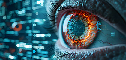 Close-up of a human eye with digital overlays representing AI-powered glaucoma detection and advanced ophthalmology technology.