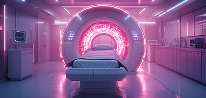 Futuristic MRI scanning room with glowing pink circular scanner and patient bed in the center, surrounded by advanced monitoring equipment.