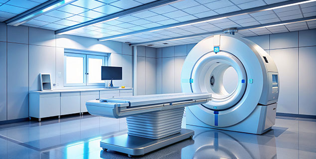 MRI machine in a hospital room with patient table, overhead lights, and blue privacy curtain.