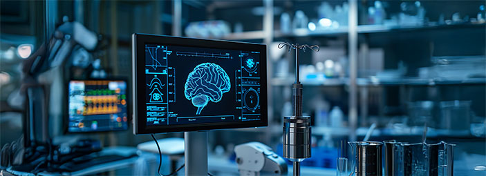Medical monitor displaying a digital brain scan with biometric data in a modern laboratory setting.