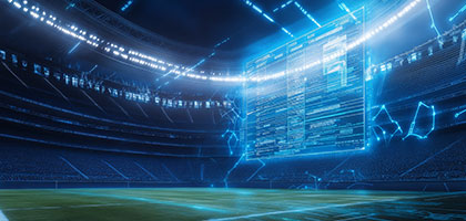 Futuristic smart stadium with digital analytics dashboard visualizing real-time sports data and audience insights.