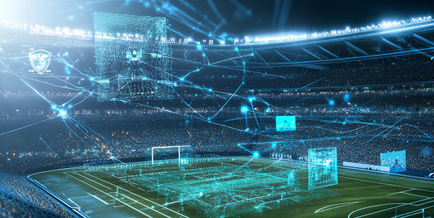 Digital scoreboard in a futuristic stadium displaying real-time sports analytics and audience data visualization.