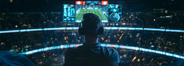 Sports analyst using AI dashboards and real-time data visualization to monitor game performance and fan engagement.