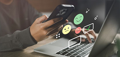 Colorful digital visualization of sentiment analysis with glowing happy, neutral, and sad emoji icons representing customer feedback data.