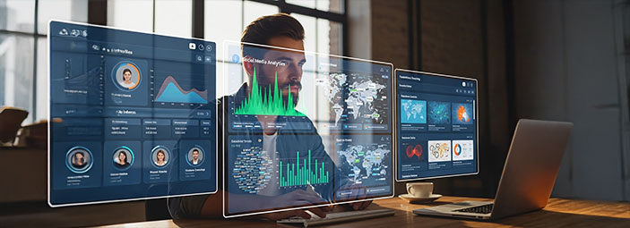 Futuristic digital interface with data dashboards and holographic analytics, symbolizing AI-driven insights and real- time data visualization.