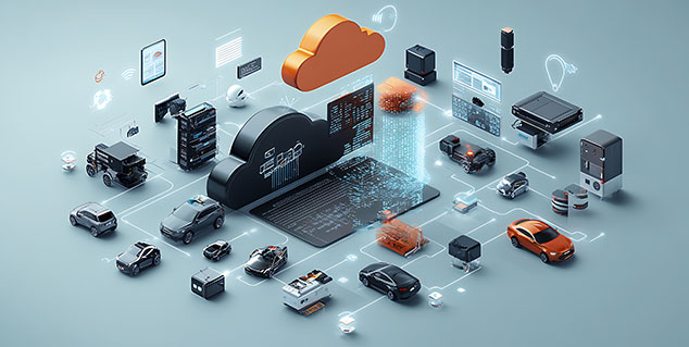 Cloud-connected automotive ecosystem visualizing data flow between vehicles, cloud infrastructure, and analytics platforms for real-time processing.