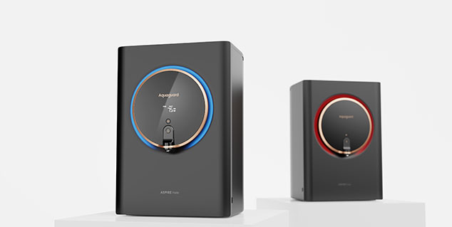 Aquaguard Aspire Halo smart water purifier designed by Tata Elxsi with Illuminated halo ring interface showing real-time TDS water quality reading