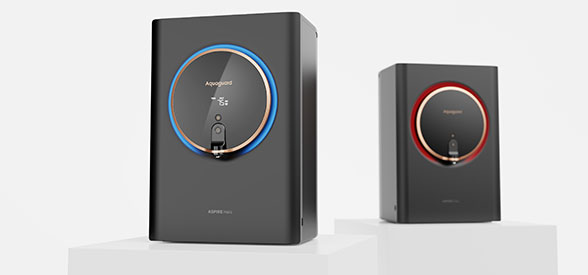 Eureka Forbes Aquaguard Aspire Halo smart water purifier designed by Tata Elxsi, front view showing minimal form and illuminated halo ring
