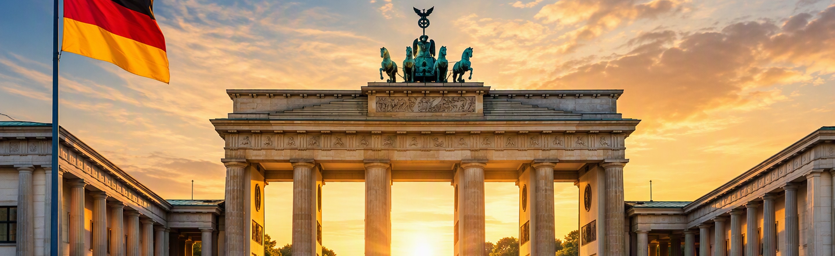 Brandenburg Gate at sunset with a German flag, symbolising German Mittelstand engineering scaling in India.