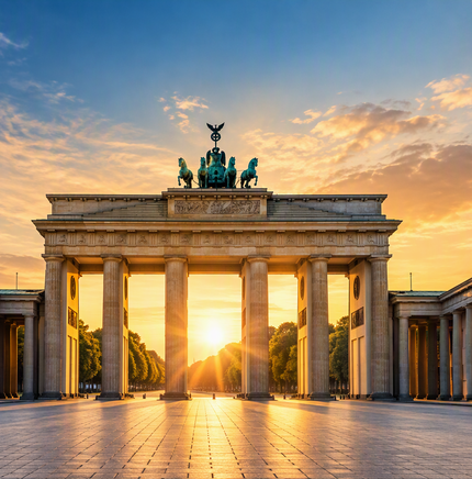 Brandenburg Gate at sunset with a German flag, symbolising German Mittelstand engineering scaling in India.